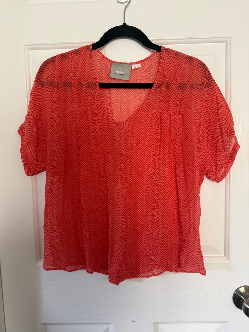 Maeve Anthropologie 100% Silk Coral Orange Zebra Print Short Sleeve Blouse M